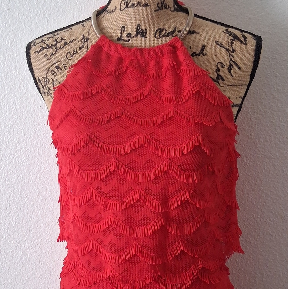 Guess Tiered Fringe Lace Dress With Gold Chain Collar
